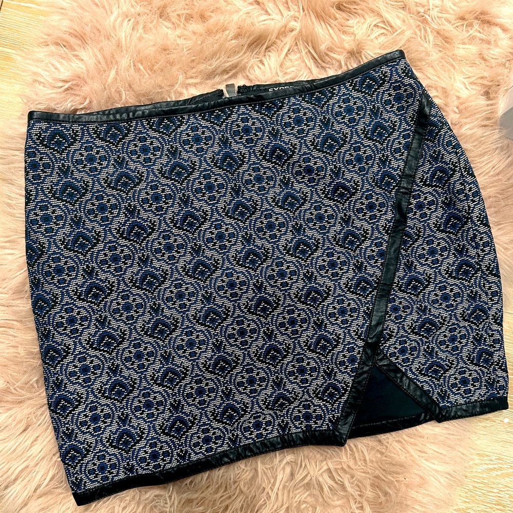 Blue & Black Textured Skirt With Leather Trim